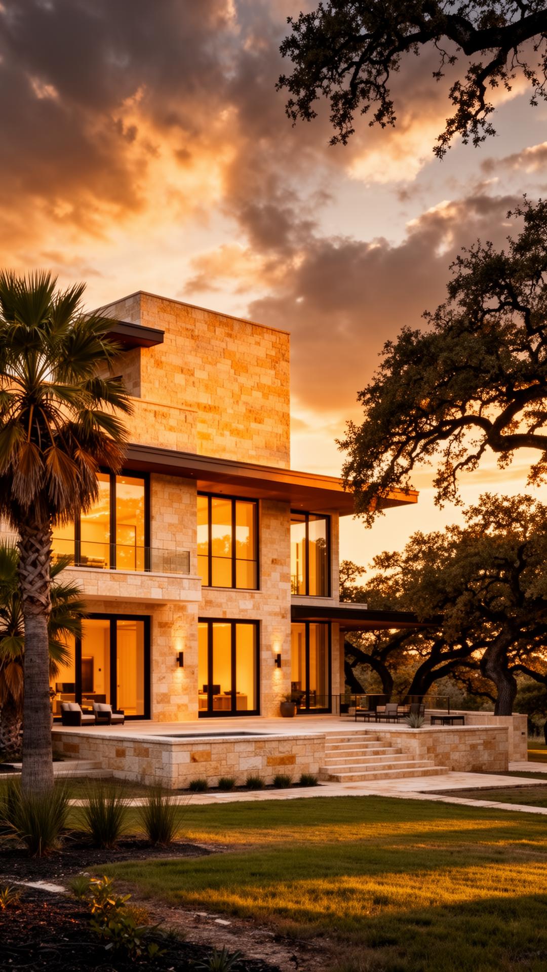 Modern Texas Hill Country home at golden hour